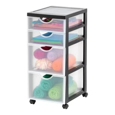 Abbildung von Iris Ohyama Kunststoff Schubladenbox mit Rollen, 2 tiefe und flache Schubladen, Schwarz, Griffe zum Ziehen, Für Schlafzimmer, Schule &amp; Büro, BPA frei, Schubladenschrank, Rollcontainer, DDDC 322