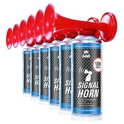 Abbildung von 6 x AAB Signal Horn Laut Air 106 dB(A), Tröten Fußball Mit Nicht Brennbarem Gas, Bis Zu 120 Kurze Pieptöne, Lufthorn, Vuvuzela, Pressluft Gashupe, Drucklufthupe, Druckluftfanfare