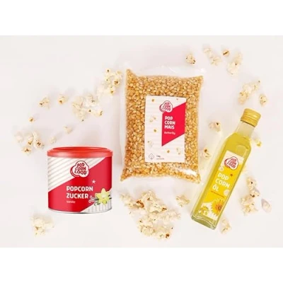Abbildung von Popcornloop Zutaten Set Popcorn Puffmais Butterfly Mais 1kg, Popcornzucker mit Vanille 300g, Popcornöl 250ml Butteraroma, für Zuhause Partyset Popcornset Popcornmaschine