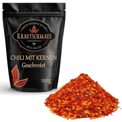 Abbildung von 120g Chili Flocken geschrotet mit Kernen von Krautschmaus, Chiliflocken scharf, ohne Zusatzstoffe, Chilli Gewürz, geschrotete Chilischoten, Chilliflocken, Premium Chiligewürz gehackt