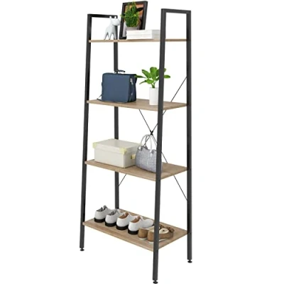Abbildung von eSituro Bücherregal Leiterregal 4 Ablagen Standregal Aufbewahrung Küchenregal Badregal 60x35x148CM Schwarz+Hell Eiche SSTR0020