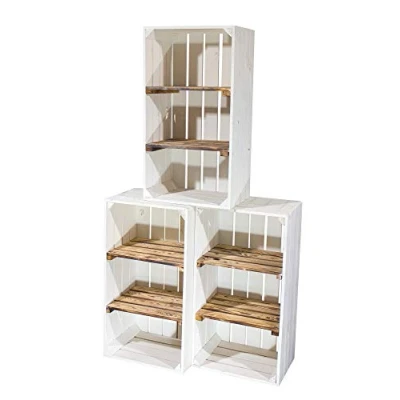 Abbildung von moooble 6er Set Weiße Regalkiste mit 2 geflammten Mittelbrettern 68cm x 40cm 31cm Zwischenbretter flambiert Obstkiste Weinkiste Klassisch Schuhregal Bücherregal Kistenregal Einlegeböden