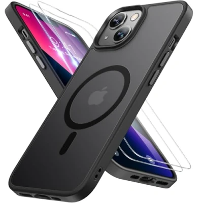 Abbildung von Miracase Magnetisch für iPhone 13 Hülle Magsafe[mit 2 Schutzglas] Militärschutz Stoßfest Kratzfest Anti Fingerabdruck Samtige Haptik Dünn Handyhülle 6,1 Zoll, Schwarz