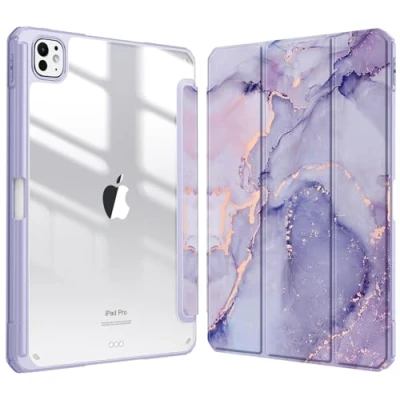 Abbildung von Fintie Hybrid Hülle für iPad Pro 11 Zoll M4 (2024) (Modellnummer: A2836/A2837/A3006) mit Stifthalter Stoßfeste Schutzhülle Case transparenter Hartschale auf der Rückseite, Lila Marmor