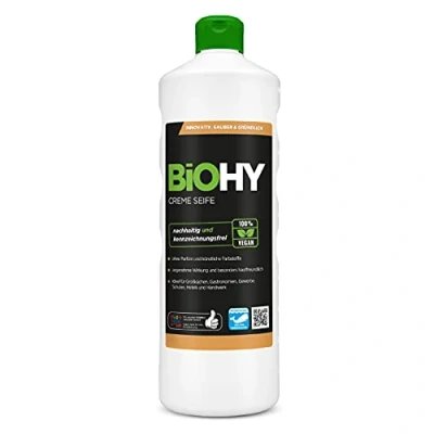 Abbildung von BiOHY Creme Seife (1l Flasche) Hautschonende, rückfettende &amp; geruchsneutrale Handseife flüssiger Nachfüllpack mit pflanzlichen Inhaltsstoffen auch für das Gesicht geeignet