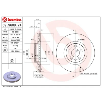 Abbildung von BREMBO 09.9609.24 Bremsscheibe 281 26 5 innenbelüftet PEUGEOT: Expert I Kastenwagen, 806, I, CITROËN: Evasion, Jumpy MPV