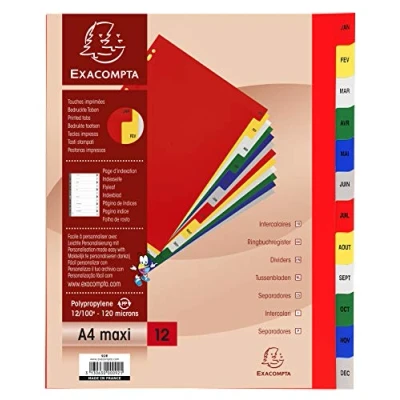 Abbildung von Exacompta 92E Kunststoff Register Jan Dez für DIN A4 MAXI aus langlebigem 12 teilig volle Höhe 24 x 29,7 cm weiß bedruckte, bunten Taben Universallochung Indexseite zum selbstgestalten