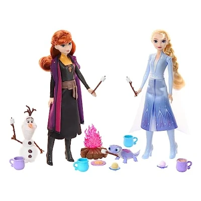 Abbildung von Disney Frozen Die Eiskönigin Waldabenteuer Geschenkset 2 Puppen, Freundefiguren, 12 Zubehörteile rund ums Thema Camping, für Kinder ab 3 Jahren, HPD52