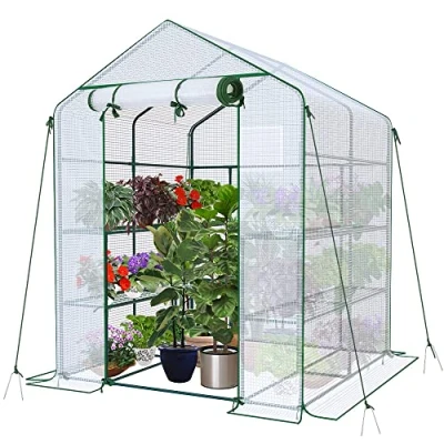 Abbildung von VOUNOT® Gewächshaus Foliengewächshaus, begehbares Gartenhäuschen mit 8 Regalebenen, Tomatenhaus Tomatengewächshaus, Weiß 143x143x195cm