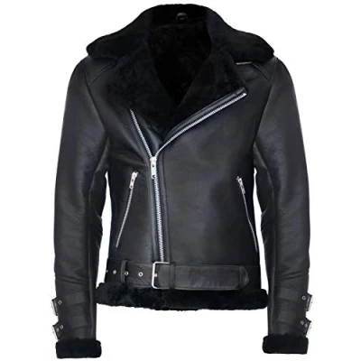 Abbildung von Infinity Leather Herren B3 Pilot Echtes Schwarz Schaffell Shearling Motorradfahrer Lederjacke S