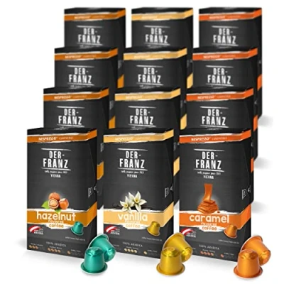 Abbildung von Nespresso kompatible Kaffee Kapseln (40xHaselnuss, 40xVanille, 40xKaramel Pack), Intensität 5/5, 12 x 10