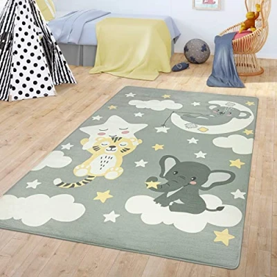 Abbildung von TT Home Teppich Kinderzimmer Kinderteppich Babymatte Koala Elefant Wolken Sterne Himmel Mond, Farbe:Grau, Größe:155x230 cm