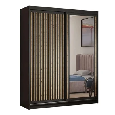 Abbildung von MargaretHadas24 Kleiderschrank Dora mit Lamellen und Spiegel inklusive 2 Schiebetüren Schwebetürenschrank Kleiderstange Garderobe ((schwarz, schwarz, Lamelle Artisan), 120 cm)