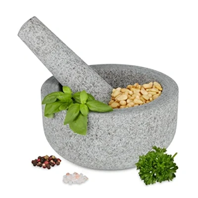 Abbildung von Relaxdays Mörser mit Stößel, Granit, runder Steinmörser, HxD: 8 x 16 cm, Gewürze &amp; Kräuter, schwerer Gewürzmörser, grau