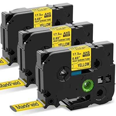 Abbildung von 3x MarField HSe 641 17.7mm Schrumpfschlauch Schriftband Kompatibel mit Brother P touch HS HSe641 Heat Shrink Tube Bänder Schwarz auf Gelb Etikettenband für PT E300/VP E550W/WVP P750WVP E800W