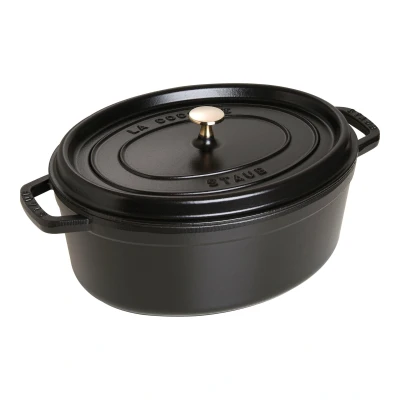 Abbildung von STAUB Gusseisen Bräter/Cocotte, oval 33 cm, 6,7 L, Aromaregen Funktion, Für alle Herdarten geeignet, Schwarz