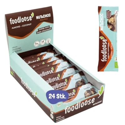 Abbildung von foodloose Bio Nut&amp;Choc Riegel Coco Bliss Vegane, laktose und glutenfreie Nussriegel ohne raffinierten Zucker Dunkle Schokolade, Mandel &amp; Kokos Vorteilspack (24 x 30g)