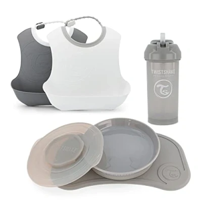 Abbildung von Twistshake Babygeschirr Set 5 teilig 1x Baby Silikon Tischset Kinderteller 2x Lätzchen 1xStrohbecher Geschirrset Geschirr für die Babyentwöhnung 6+ Monate Grau