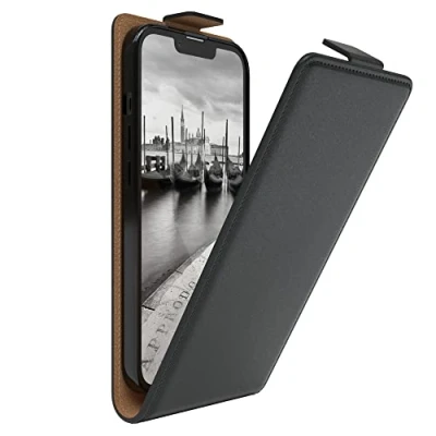 Abbildung von EAZY Case Hülle kompatibel mit iPhone 13 Pro Flip Cover zum Aufklappen, Handyhülle aufklappbar, Schutzhülle, Flipcover, Flipcase, Flipstyle vertikal klappbar, aus Kunstleder, Schwarz
