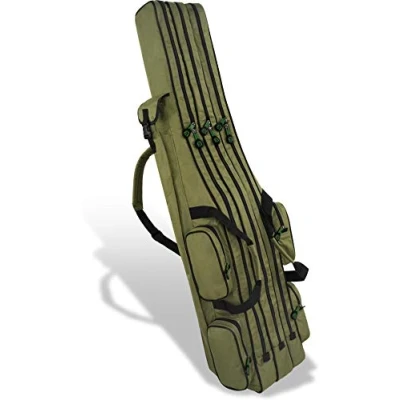 Abbildung von Rutentasche Rod Case Angelkoffer Futteral mit 2, 3 oder 4 Ruten Fächern, Verschiedene Längen wählbar stark wasserabweisender Fishing Rucksack Farbe Olive 2 Innenfächer Größe 125 cm