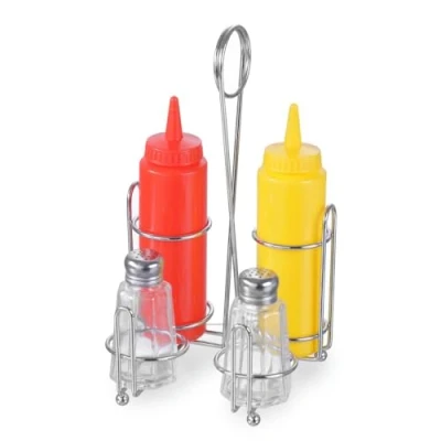 Abbildung von HENDI Menage Set, Zwei Glasstreuer (60 ml), 2 Quetschflaschen aus Polyethylen, Gewürzständer, Quetschflaschen: 0,2L, Edelstahl 18/0