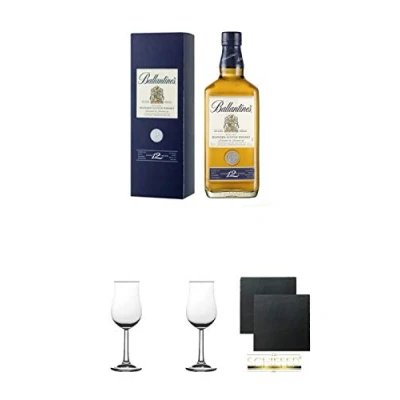 Abbildung von Ballantines 12 Jahre Gold Seal 0,7 Liter + 2 Bugatti Nosing Gläser mit Eichstrich 2cl und 4cl Schiefer Glasuntersetzer eckig ca. 9,5 cm Ø