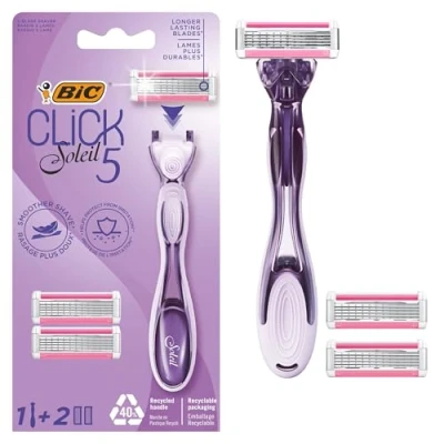 Abbildung von BIC Click 5 Soleil Wiederaufladbarer Damenrasierer mit Klingen und schwenkbarem Kopf Gleitstreifen für eine präzise komfortable Rasur 1 Griff + 2 Nachfüllpackungen
