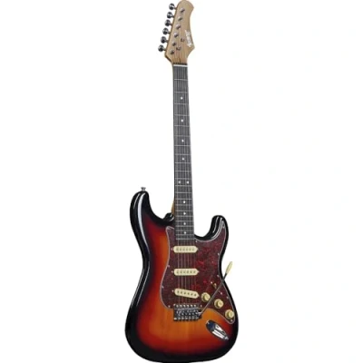 Abbildung von Spencer by Eko ST10 Sunburst E Gitarre, Korpus Pappel, Hals aus Ahorn, Griffbrett Kunstharz, 3 Tonabnehmer S S, Lautstärkeregler und 2 Tonstufen, 5 Wege Schalter, Brücke mit Tremolohebel,