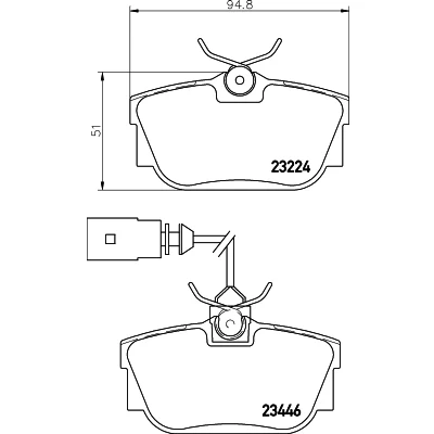 Abbildung von HELLA 8DB 355 018 591 Bremsbelagsatz mit integriertem Verschleißwarnkontakt Bremssattelschrauben Zubehör VOLKSWAGEN: TRANSPORTER 4 Bus