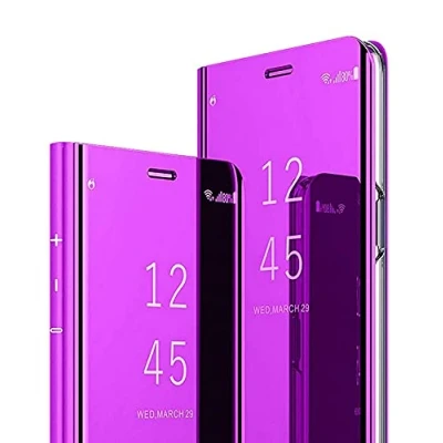 Abbildung von WOBURN Hülle für Samsung Galaxy A54 5G, Spiegel Clear View Flip Handyhülle, PU/PC Lederhülle Schutzhülle Mirror Make Up Case Cover mit Klappbarer Stände. Lila