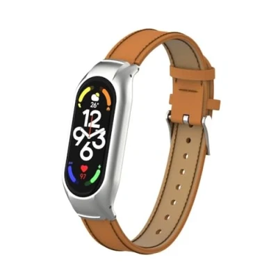 Abbildung von T BLUER Kompatibel mit Xiaomi Mi Band 7 Armband, Leder Ersatzarmband, Zubehör Metallrahmen für Smart Braun
