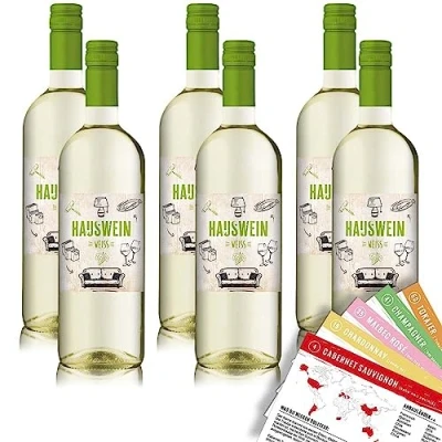 Abbildung von Hauswein Weiß, halbtrocken, sortenreines Weinpaket + VINOX Winecards (6x1,0l)