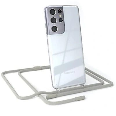 Abbildung von EAZY CASE kombinierbare Handyketten kompatibel mit Samsung Galaxy S21 Ultra 5G, Transparente Silikon Hülle Umhängeband, abnehmbar durch abschraubbare Endstücke, Schultergurt, Taupe