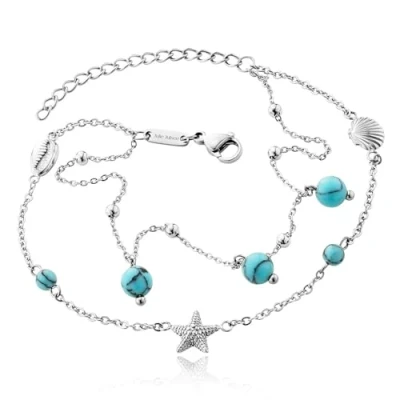 Abbildung von Julie Julsen Anklet SHELL STARFISH TURQUOISE für Damen aus Edelstahl mit türkisen Perlen in der Farbe Silber JJAC31059S, Länge: 27 cm, JJAC31059S