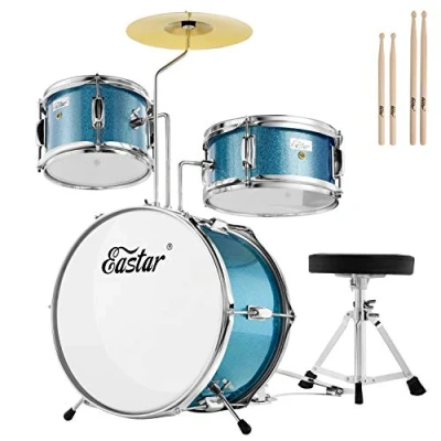 Abbildung von Eastar Schlagzeug 14&quot; 3 PC, für 10 Jahre Kinde, Set mit Snare, Tom, Bass Drum, Drum Pedal, Thron, Becken, Drumsticks, Himmelblau