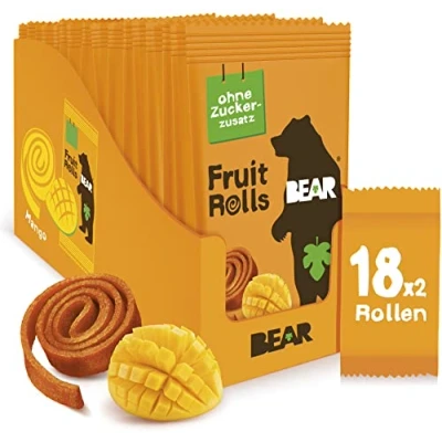 Abbildung von BEAR Fruchtrollen Mango 100% Natürliche Inhaltsstoffe Ohne Zusatz von Zucker Gesunder Snack für Kinder &amp; Erwachsene 18 Beutel x 20g 360g, Gelb
