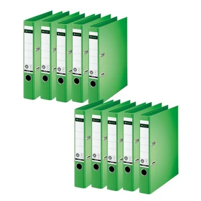 Abbildung von Leitz Qualitäts Ordner 180, 10er Pack, A4, schmal, 5,2 cm Rückenbreite, Spezialpapierkaschierung in Leinenprägung, Blauer Engel, Hellgrün, 10080050