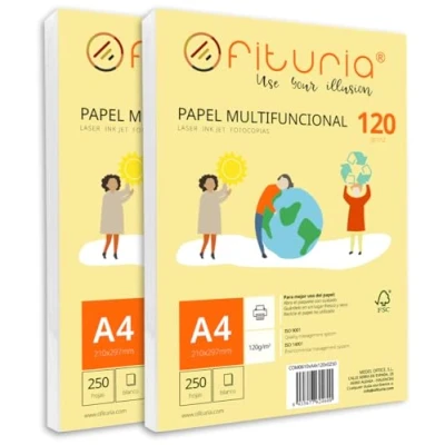 Abbildung von Packung mit 500 weißen DIN A4 Blättern, 120g Druckerpapier. Multifunktionales Kopierpapier für Schule und Büro. Ideal Laserdrucker, Tintenstrahldrucker oder Kopierer Ofituria