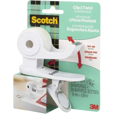Abbildung von Scotch Clip &amp; Twist Klebeband Abroller C19, Weiß + Magic Unsichtbares Klebeband, 19 mm x 8,89 m, 1 Rolle/Packung