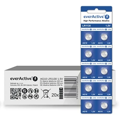Abbildung von everActive AG10 1.5V, 200 Stück Batterien, Alkaline, Mini, G10 LR1130 LR54, 5 Jahre Haltbarkeit, 20 Blisterkarten
