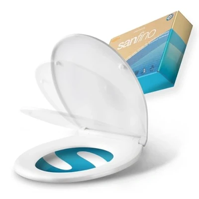 Abbildung von SANFINO® WC Sitz mit Absenkautomatik oval Einfache Montage, 5 Jahre Garantie Klobrille abnehmbar Schnellverschluss Toilettendeckel aus Kunststoff 99,99% antibakteriell, O Form Klodeckel Weiß