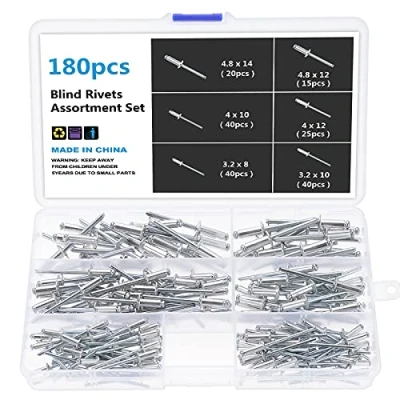 Abbildung von Gueenky 180 Stück Aluminium Nieten 3,2/4/4,8 mm, 6 Größen Blindnieten Set, Popnieten Sortiment mit Aufbewahrungsbox für Metall Holz Kunststoff