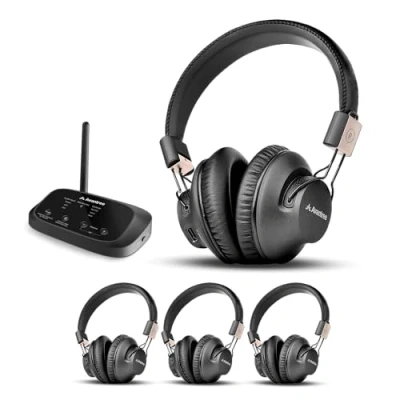 Abbildung von Avantree Quartet 2 Bluetooth kompatibles kabelloses Gruppenhörsystem mit Kopfhörern &amp; Sender für Partys, Silent Discos, TV Mehrere wiederaufladbare Kopfhörer niedriger Latenz klarem Sound