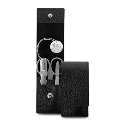 Abbildung von nippes Solingen Premium Line Maniküre Set Leone, 3 teilig, Edelstahl rost und nickelfrei, Rindsleder Etui mit Druckknopf, Schwarz, Nagelpflege Set, Pediküre Maniküre, Made in Germany