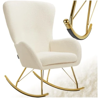 Abbildung von tectake® Schaukelstuhl, Sessel Wohnzimmer, Relaxsessel, Ohrensessel, Wohnzimmer Möbel, Rocking Chair für Babyzimmer, als Lesesessel im Schlafzimmer oder Stillsessel, Bouclé Creme/Gold