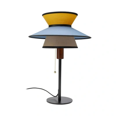 Abbildung von Kare Design Tischlampe Riva Blau/Gelb, Tischleuchte, Stahlgestell, Desk Lamp, Baumwoll Schirm, kein Leuchtmittel inklusive, Lampe für Wohnzimmer, Schreibtischlampe, Schlafzimmer, 49x35x35 cm (H/B/T)