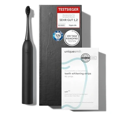 Abbildung von Uniquesmile Zahnaufhellung Whitening Strips Bundle mit Ultraschallzahnbürste Testsieger 2024 100 Tage risikofrei testen (40 Stück/Ultimate Black)