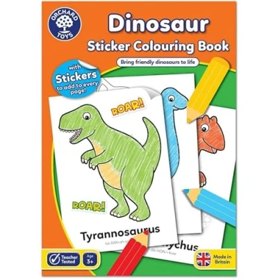 Abbildung von Orchard Toys Dinosaur Sticker Colouring Activity Book Educational Colour in Dinosaurs Kids 3 Years +, Perfect for Parties.