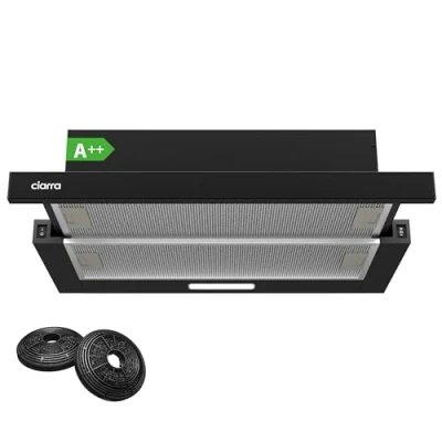 Abbildung von CIARRA CBCB6906D A++ Dunstabzugshaube 60 cm Flachschirmhaube 370 m3/h mit CBCF002X2 Aktivkohlefilter Integrierte Einbau Flach Abluft Umluft Abzugshaube 2 Stufen Schwarz
