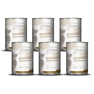 Abbildung von MjAMjAM Premium Nassfutter für Hunde delikater Büffel an gekochten Kartoffeln, 6er Pack (6 x 400g), getreidefrei mit extra viel Fleisch